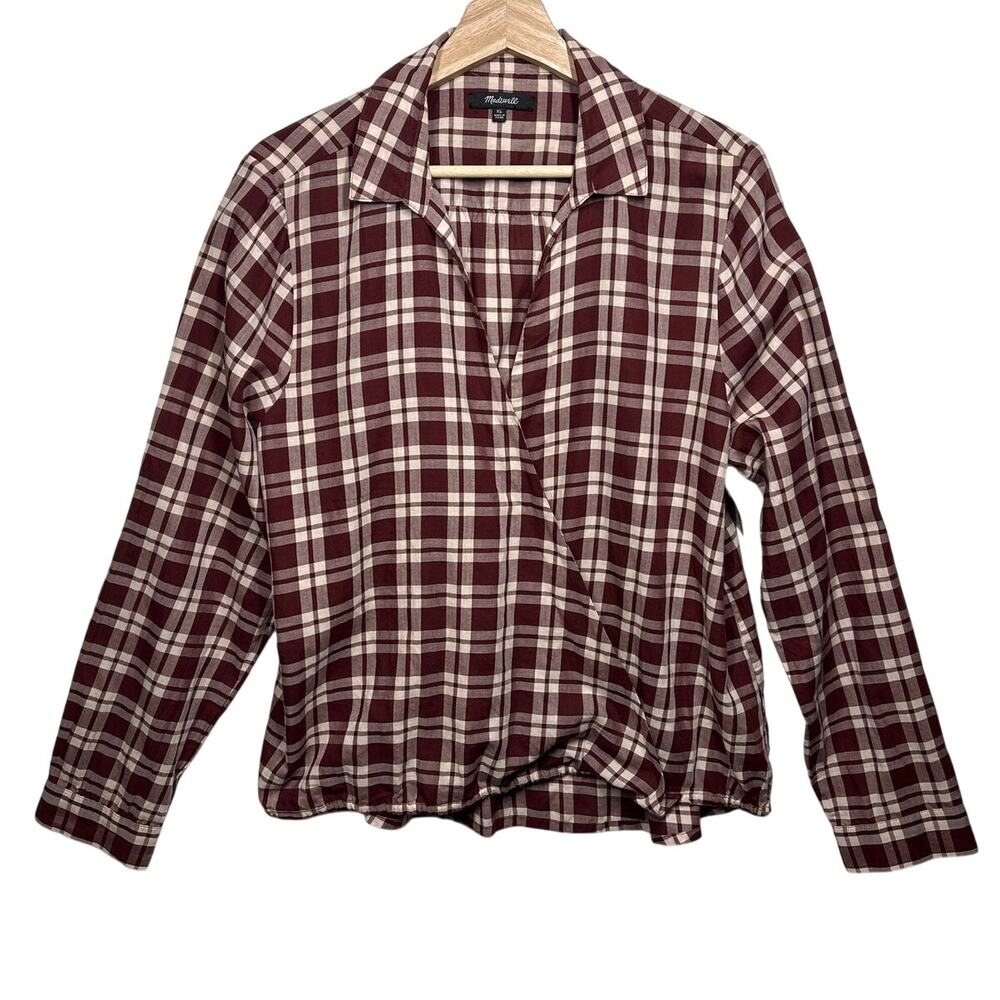Madewell Arion Plaid Wrap Shirt Long Sleeve Top Burgundy XL Preppy Office Work